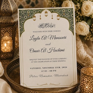 Moroccan Wedding Invitation Template | Editable Arabic Wedding Invitation | Green & Gold Wedding Invite | Instant Download