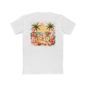 Tropical Beach Bicycle Tee | Sunset Palm Trees, Surfboard, Flowers