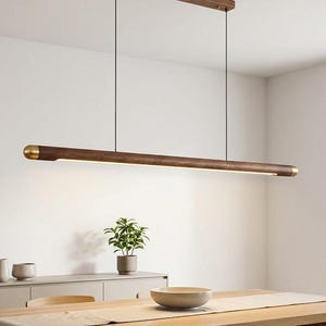 Wood Linear Pendant Light, Walnut Kitchen Island Chandelier, Minimalist Dining Room Hanging, Ceiling Lighting