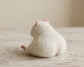 Handcrafted Needle Felted White Hamster Figurine - Wool Plump Chubby Rodent Animal Sculpture