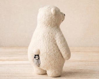 Handcrafted Needle Felted Polar Bear Miniature Looking For Missing Penguin Funny Wool Figurine