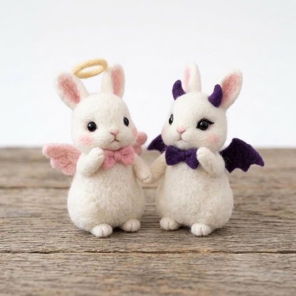 Needle Felted Angel and Devil Bunny Sculpture Pair - Fantasy Rabbit Art