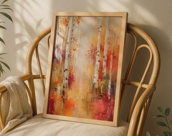 May include: A rectangular framed wall art piece featuring an abstract forest scene with white birch trees. The painting uses a warm color palette of orange, red, yellow, and soft cream tones, with visible brushstrokes creating a textured effect.