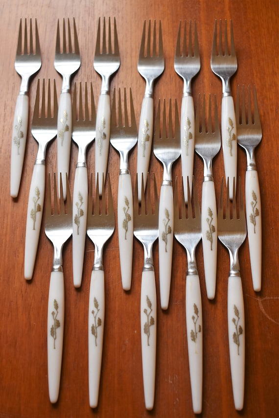 Vintage Stainless Japan White Plastic Handle Silver Leaf Vintage Stainless Japan White Plastic Handle Silver Leaf