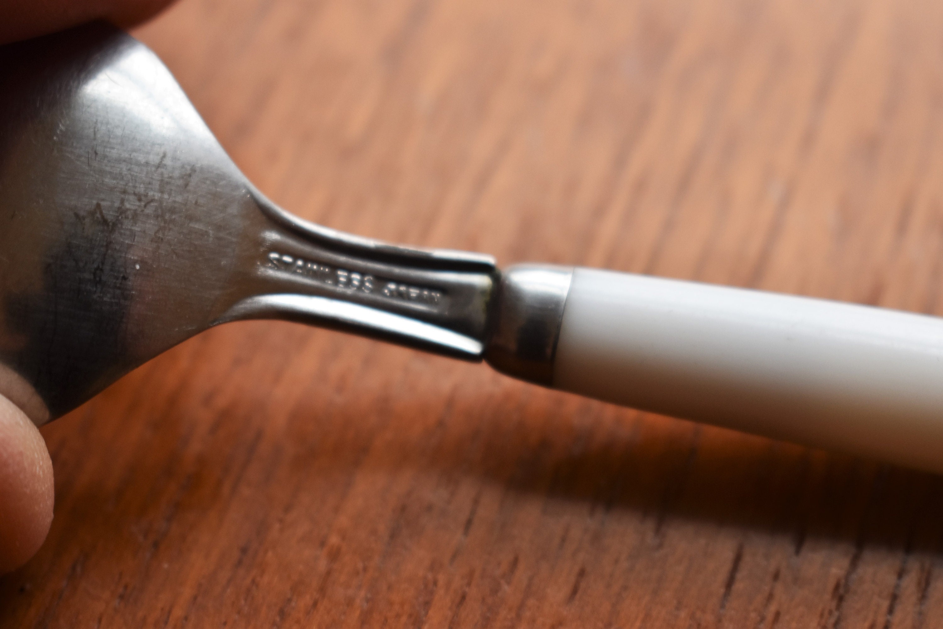 Vintage Stainless Japan White Plastic Handle Silver Leaf Vintage Stainless Japan White Plastic Handle Silver Leaf