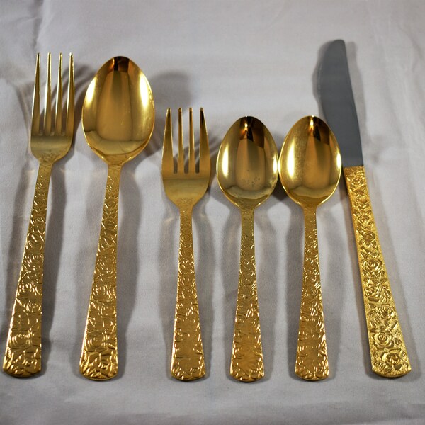 Cellini Romanesque Gold Plated Flatware...Gold Electroplate Roses Vintage 1968