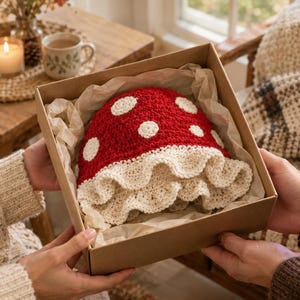 May include: A handmade crochet hat shaped like a mushroom, featuring a vibrant red cap with white circular spots and a ruffled, cream-colored brim. The hat is nestled inside a square cardboard gift box lined with crinkled beige tissue paper.