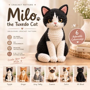 Virkmönster för amigurumi-katt i PDF-format | Sittande smokingkattunge-plyschleksak | Enkelt virkmönster för djur | Nybörjarvänlig direktnedladdning