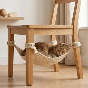May include: A light brown tabby cat sleeping in a cream-colored crocheted hammock suspended between the four legs of a light oak wooden chair. The hammock is secured to each chair leg with thick, knotted off-white yarn ties.