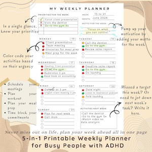 Puede incluir: Una hoja de planificador semanal blanca titulada My Weekly Planner con secciones para prioridades, un lema semanal y horarios diarios de lunes a domingo. El diseño incluye casillas de verificación, líneas para tareas y actividades.