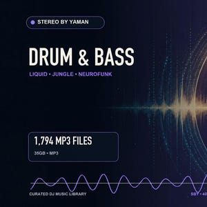 May include: A digital music collection graphic featuring the text STEREO BY YAMAN, DRUM & BASS, LIQUID, JUNGLE, NEUROFUNK, 1,794 MP3 FILES, 35GB, MP3, CURATED DJ MUSIC LIBRARY, and SBY 4087. The design includes a vinyl record and sound wave visuals.