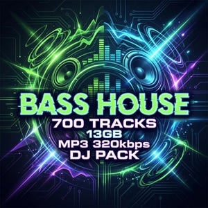 May include: A digital graphic featuring the text BASS HOUSE 700 TRACKS 13GB MP3 320kbps DJ PACK. The design displays glowing green and blue sound waves, circular speaker elements, and circuit board patterns against a dark background.