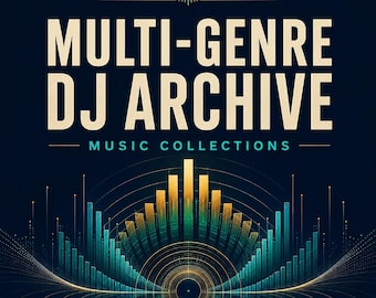 May include: A digital download graphic featuring the text STEREO BY YAMAN, MULTI-GENRE DJ ARCHIVE, and MUSIC COLLECTIONS. The design displays a central audio equalizer visualization with vertical bars in shades of teal, blue, and gold.