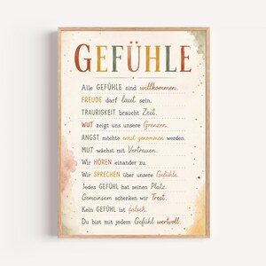 Könnte beinhalten: Ein gerahmtes Wandbild mit dem Wort GEFÜHLE in großen, bunten Buchstaben, gefolgt von zehn Sätzen über Gefühle auf Deutsch, auf einem cremefarbenen Hintergrund mit sanften Aquarellakzenten in Grün und Orange.