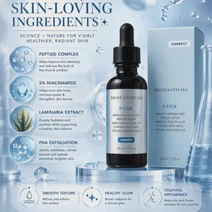 Puede incluir: Un frasco gotero de vidrio oscuro y una caja azul claro de suero pept&iacute;dico modulador de arrugas SkinCeuticals P-TIOX, 30 ml. El empaque presenta texto que detalla ingredientes como complejo pept&iacute;dico, 5% niacinamida, extracto de laminaria y PHA.