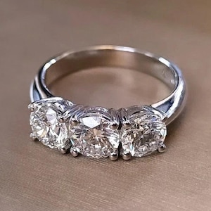 Three Stone Moissanite Engagement Ring, Sterling Silver Round Cut Anniversary Band