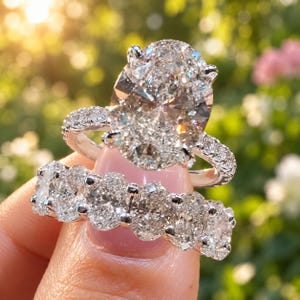 May include: A silver-coloured engagement ring featuring a large oval-cut centre stone with a pavé diamond band, paired with a matching eternity band consisting of multiple oval-cut diamonds set in a continuous row along the metal band.