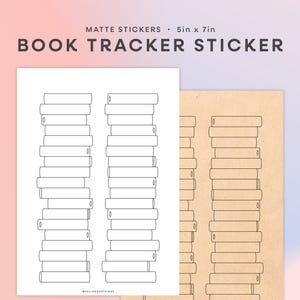 May include: A matte sticker with the text "BOOK TRACKER STICKER" and dimensions of 5in x 7in. The sticker features stacks of books in a minimalist design, perfect for tracking reading progress. The design is in black and white.