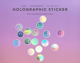 Pegatinas holográficas de cara feliz (juego de 2) / Buenas vibras, decoración alegre, pegatina de emoji sonriente, calcomanía linda para laptop, Kindle y botella de agua