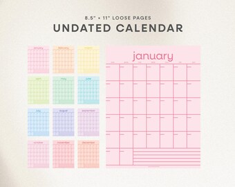 Calendario de pared Rainbow sin fecha, páginas impresas de calendario mensual, calendario de 8.5 x 11 pulgadas, planificador con inicio en domingo, colorido y minimalista, plan de pared
