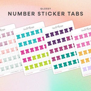 May include: Glossy number sticker tabs in various colors, including pink, teal, purple, and orange. Each tab is numbered 1-10. The text "Good things" is printed on each sheet.
