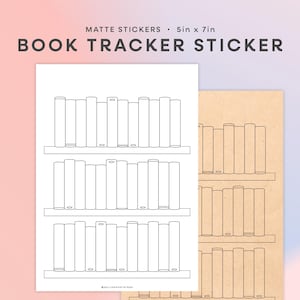 May include: Matte sticker, 5in x 7in, featuring a black and white book tracker design. The sticker has three shelves with outlined books. The text "BOOK TRACKER STICKER" is at the top. A second sticker with the same design is visible.