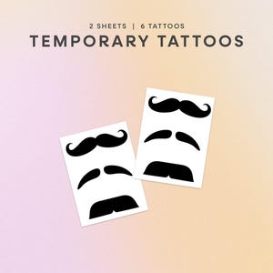 2-sheet set of finger mustache temporary tattoos featuring 6 unique black mustache styles including handlebar, chevron, and pencil stache designs. Hilarious and fun fake tattoos perfect for photo booths, parties, Halloween, Movember, gag gifts, or bachelorette fun. A bestselling classic that brings instant laughs. Easy to apply, safe on skin, and sized to sit right above your finger for that perfect faux-stache moment.