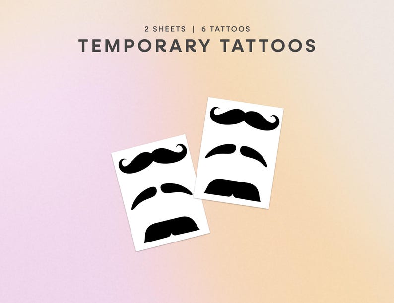 2-sheet set of finger mustache temporary tattoos featuring 6 unique black mustache styles including handlebar, chevron, and pencil stache designs. Hilarious and fun fake tattoos perfect for photo booths, parties, Halloween, Movember, gag gifts, or bachelorette fun. A bestselling classic that brings instant laughs. Easy to apply, safe on skin, and sized to sit right above your finger for that perfect faux-stache moment.