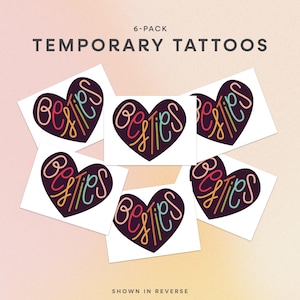 Besties Temporary Tattoo – Matching Heart Tattoos for BFFs, 6-Pack Friendship Tattoo, Cute Best Friend Gift, Sister from Another Mister