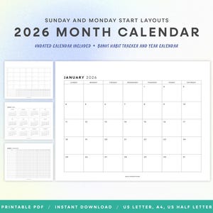 May include: A white 2026 month calendar with Sunday and Monday start layouts. The calendar includes an undated calendar, a bonus habit tracker, and a year calendar. The text on the calendar reads "January 2026". The calendar is available as a printable PDF.
