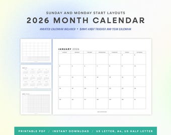 Calendario mensual imprimible 2026. Minimalista y sencillo. Tamaño carta (A4, media carta) y diseño horizontal para encuadernación en disco o inserción.