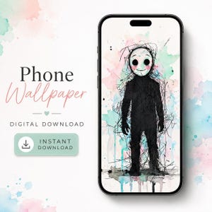May include: A smartphone displaying a digital wallpaper featuring a sketch of a figure with a round white face and a black body, set against a background of pastel watercolor splashes. Text on the left reads Phone Wallpaper, DIGITAL DOWNLOAD.