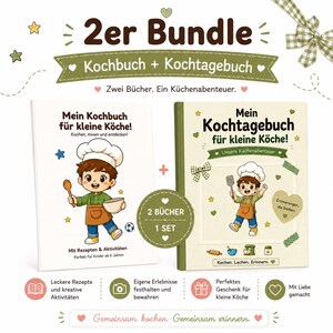 Könnte beinhalten: Ein 2er Bundle bestehend aus Mein Kochbuch für kleine Köche und Mein Kochtagebuch für kleine Köche. Die weißen und cremefarbenen Bücher zeigen Illustrationen eines Kindes mit Kochmütze, Text, Sterne und Herzen. Ein kreisförmiges Abzeichen zeigt 2 BÜCHER 1 SET, umgeben von dekorativen Symbolen und Text.
