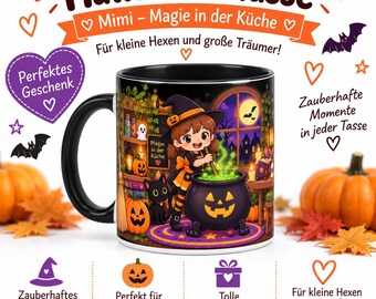 Halloween Tasse für Kinder – Magische Hexen Tasse mit Katze, Geschenk für Mädchen, Halloween Geschenk, Zaubertasse 330 ml