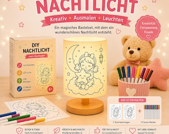 DIY Nachtlicht zum Ausmalen für Mädchen | Bastelset mit Holzlampe, 12 Stiften & 2 Motiven | Geschenk ab 6 Jahren