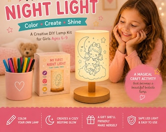 DIY Color Your Own Night Light for Girls | Kids Craft Kit | Paintable Bedside Lamp | Creative Birthday Gift | Bedroom Decor Age 6-10