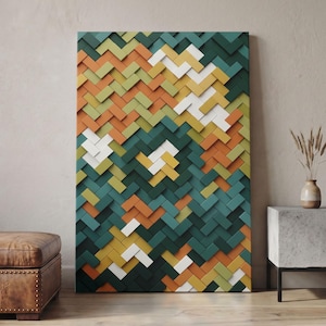 Geometric Abstract Canvas Print, Colorful Brick Wall Art, Modern Mosaic Pattern, Mid Century Decor, Contemporary Living Room Wall Decor