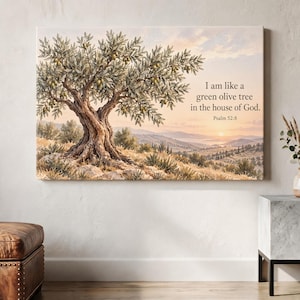 Può includere: Una stampa su tela rettangolare che raffigura un grande ulivo dettagliato con foglie verdi e piccole olive. Lo sfondo mostra un paesaggio collinare al tramonto. Il testo recita: I am like a green olive tree in the house of God. Psalm 52:8.
