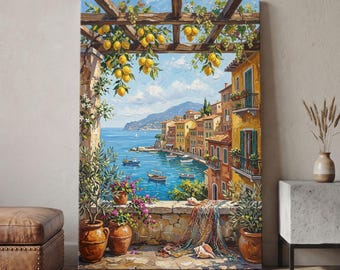 May include: A vertical canvas painting depicting a Mediterranean coastal scene viewed from a stone terrace. A wooden pergola overhead is draped with lemon branches and grapevines. Below, a fishing net, seashells, and potted plants sit on the terrace.