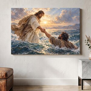 Toile imprimée « Jésus marchant sur l’eau », tableau représentant le Christ sauvant Pierre, décoration murale chrétienne, œuvre d’art inspirée des Écritures, art religieux pour le salon