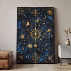 Può includere: Una stampa artistica rettangolare da parete raffigurante una mappa celeste dettagliata con corpi planetari, stelle e costellazioni color oro su uno sfondo blu navy profondo. Il design include complessi motivi circolari a bussola.