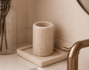 Portacepillos de dientes de mármol travertino beige natural, pequeño jarrón, decoración de baño
