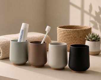 Vaso para cepillo de dientes de ABS con base de bambú de tacto suave. Accesorio de baño.