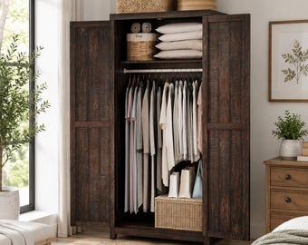 Farmhouse Armoire Wardrobe Closet with Hanging Rod Tall Bedroom Storage Cabinet Organizer