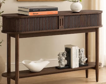 Fluted Console Table with Storage Entryway Sofa Table Sliding Door Shelf Organizer