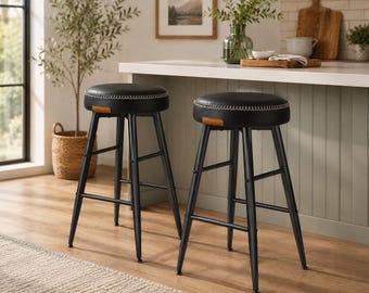 Counter Bar Stools Set of 2 Mid Century Kitchen Island Upholstered Breakfast Chairs Black