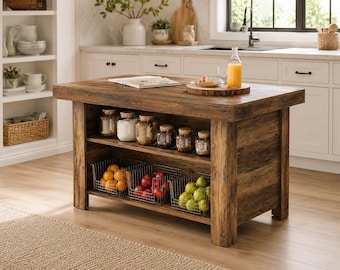 Isla de cocina de 55 pulgadas con estantes de almacenamiento y mesa de trabajo/comedor estilo rústico.