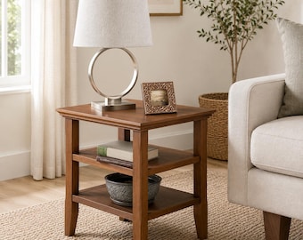 Solid Wood End Table with Shelves Square Side Table Bedroom Nightstand Storage