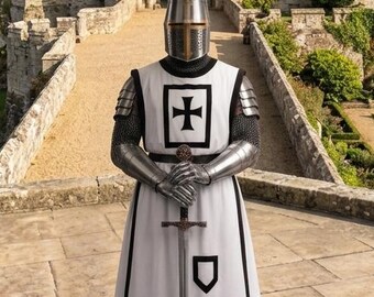 Mittelalterliche Templer-Rüstung, tragbares Kreuzritter-Rüstungsset mit großem Helm und Schwert, LARP-Cosplay-Kostüm, Geschenk für ihn