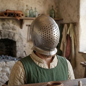 Könnte beinhalten: Ein metallischer Ritterhelm mit abgerundeter Oberseite und einem Gesichtsschutz, der mit zahlreichen kleinen Belüftungslöchern versehen ist. Der Helm wird mit einem braunen Lederkinnriemen befestigt und über einer beigen Stepptunika getragen.